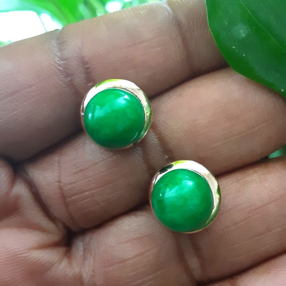 Genuine JADE Apple Green Gold Plate Over Sterling Silver 10MM Studs Earrings